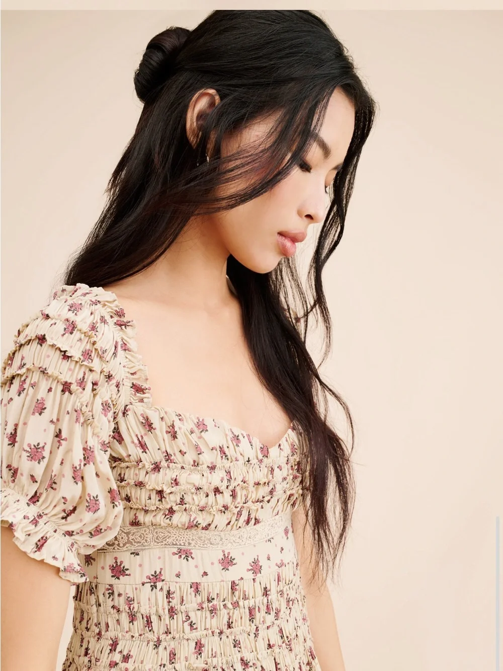 Free People Cream Midi Dress with Pink Floral Print